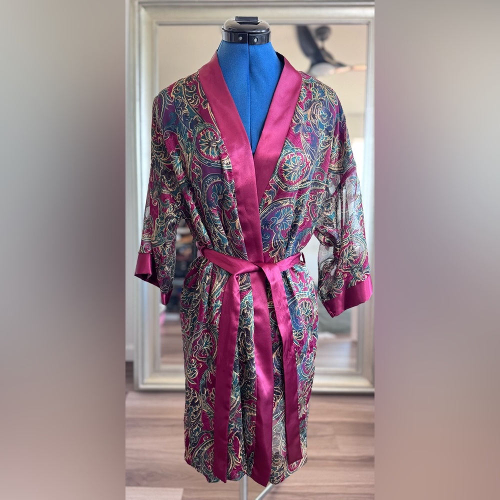 Vintage 80s 90s Intimate Affair California Sheer Satin Paisley Robe lingerie OS